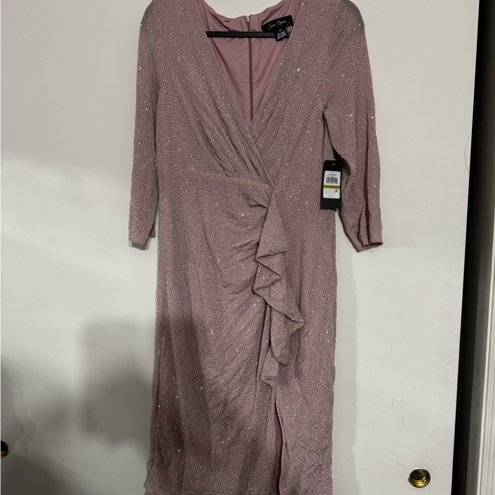 Pink Ruffled Wrap Dress with Cuffed Sleeves